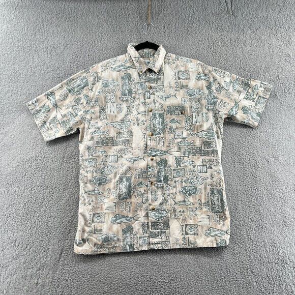 VTG Hook & Tackle Men's Medium Fish Pattern Button Camp Shirt Tan Green Fishing - Picture 3 of 13